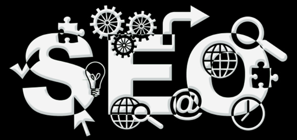 SEO with Gears, Globes, Arrows, and Magnifying Glasses on it